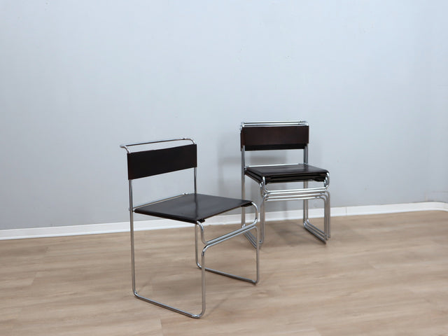 Set of 4 1970s Giovanni Carini Libellula Cantilever chairs for Planula in chromed steel and brown leather. Set 4 sedie Libellula Carini. Chaises Cantilever italiennes cuir. Cantilever Stühle Leder.