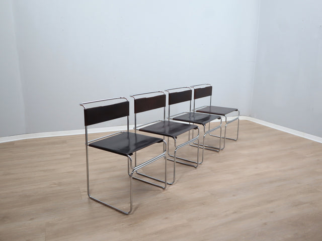 Set of 4 1970s Giovanni Carini Libellula Cantilever chairs for Planula in chromed steel and brown leather. Set 4 sedie Libellula Carini. Chaises Cantilever italiennes cuir. Cantilever Stühle Leder.