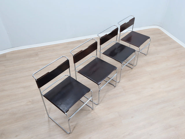 Set of 4 1970s Giovanni Carini Libellula Cantilever chairs for Planula in chromed steel and brown leather. Set 4 sedie Libellula Carini. Chaises Cantilever italiennes cuir.