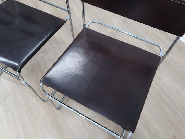 Set of 4 1970s Giovanni Carini Libellula Cantilever chairs for Planula in chromed steel and brown leather. Set 4 sedie Libellula Carini. Chaises Cantilever italiennes cuir.