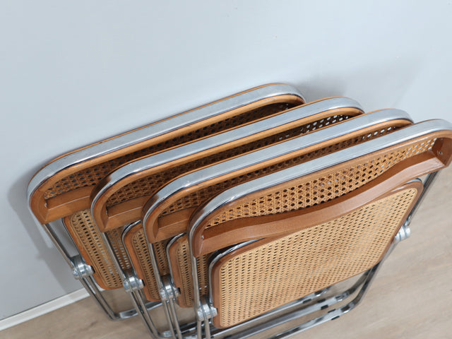 Set 4 sedie Plia Castelli Vienna straw folding chairs, chaises plianti vintage en cannage, Wiener Geflecht Design, rejilla de Viena y cromo.