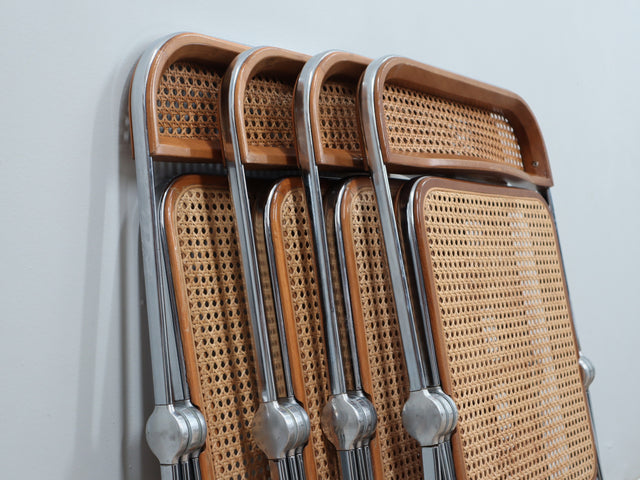 Set 4 sedie Plia Castelli Vienna straw folding chairs, chaises plianti vintage en cannage, Wiener Geflecht Design, rejilla de Viena y cromo.