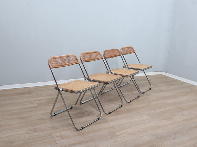 Set 4 sedie Plia Castelli Vienna straw folding chairs, chaises plianti vintage en cannage, Wiener Geflecht Design, rejilla de Viena y cromo.