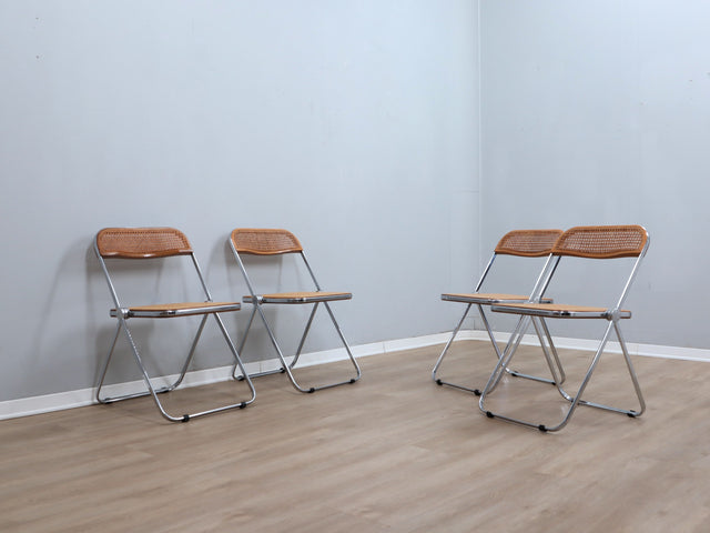 Set 4 sedie Plia Castelli Vienna straw folding chairs, chaises plianti vintage en cannage, Wiener Geflecht Design, rejilla de Viena y cromo.