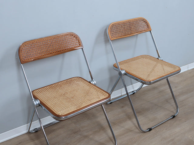 Set 4 sedie Plia Castelli Vienna straw folding chairs, chaises plianti vintage en cannage, Wiener Geflecht Design, rejilla de Viena y cromo.