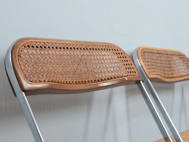 Set 4 sedie Plia Castelli Vienna straw folding chairs, chaises plianti vintage en cannage, Wiener Geflecht Design, rejilla de Viena y cromo.