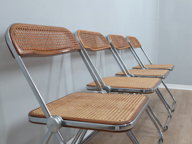 Set 4 sedie Plia Castelli Vienna straw folding chairs, chaises plianti vintage en cannage, Wiener Geflecht Design, rejilla de Viena y cromo.