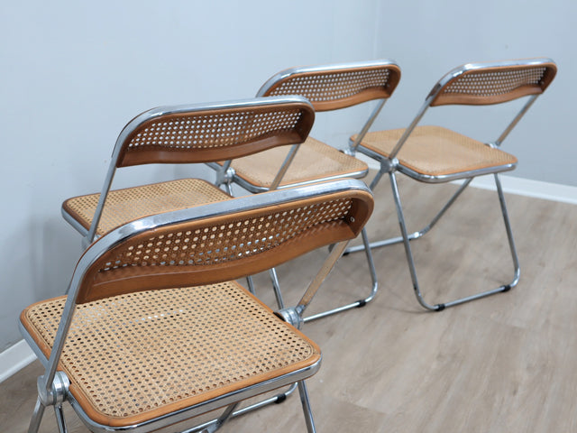 Set 4 sedie Plia Castelli Vienna straw folding chairs, chaises plianti vintage en cannage, Wiener Geflecht Design, rejilla de Viena y cromo.