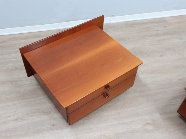 Pair of original 1970s Stildomus bedside tables, crafted in solid walnut, these pieces showcase the clean, geometric lines typical of Italian design in the 1970s.