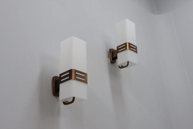 Pair of opaline glass & brass wall sconces Stilnovo, ITALY 1960s