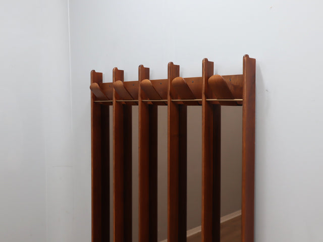 Italian 1970s La Moderna wood entryway coat rack with amber mirrors Gronda style, appendiabiti vintage, Garderobe mit Spiegel, vestiaire, perchero