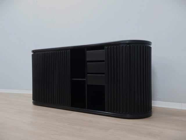 Mueble de almacenamiento Aldo van den Nieuwelaar - cabinet fold out desk e mobile archivio vintage. Mobile buffet De Padova A’dammer 1970er Jahre in black laminated wood sideboard e mobile anni 70 vintage/mid century italian furniture