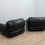 Pair of restored 1970s Mobil Girgi Sapporo armchairs in black leather. Coppia poltrone Sapporo Mobil Girgi pelle nera. Paire de fauteuils Sapporo cuir noir. Paar Sapporo Ledersessel.