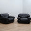 Pair of restored 1970s Mobil Girgi Sapporo armchairs in black leather. Coppia poltrone Sapporo Mobil Girgi pelle nera. Paire de fauteuils Sapporo cuir noir. Paar Sapporo Ledersessel.