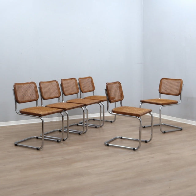Set of 6 Cesca style chairs, 1970s Italian cantilever dining chairs, Marcel Breuer Gavina style chrome chairs