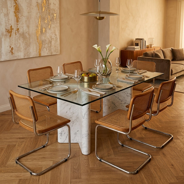 Set of 6 1970s Italian Cesca style cantilever dining chairs in chrome and Vienna straw. Lot de 6 chaises style Cesca. 6er Set Freischwinger Stühle.   
