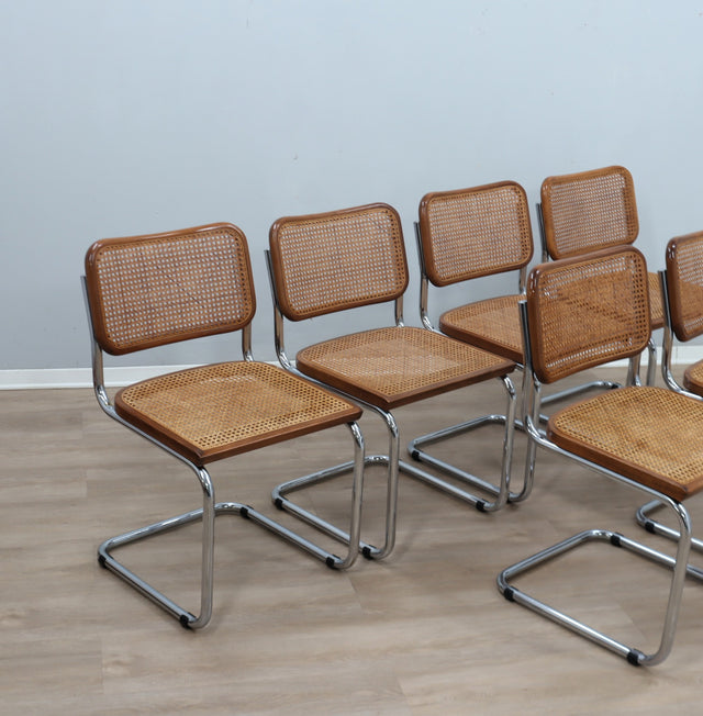 Set of 6 Cesca style chairs, 1970s Italian cantilever dining chairs, Marcel Breuer Gavina style chrome chairs