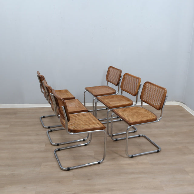 Set of 6 Cesca style chairs, 1970s Italian cantilever dining chairs, Marcel Breuer Gavina style chrome chairs