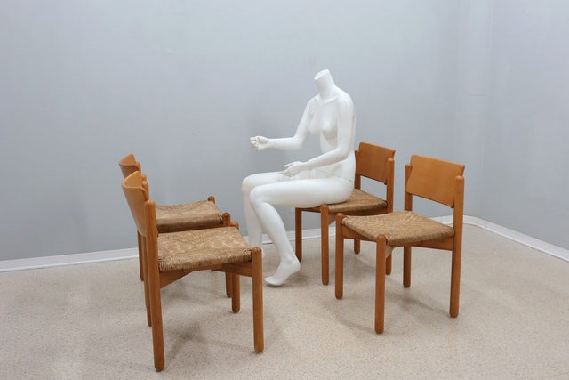 Vintage wooden dining chairs with straw seat 1970s