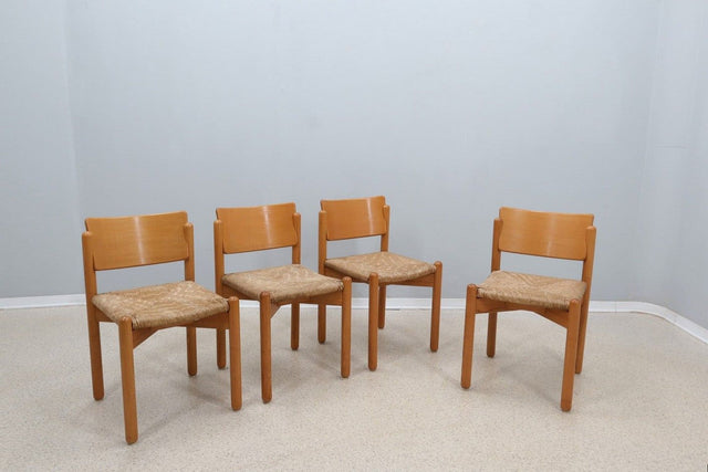 Vintage wooden dining chairs with straw seat 1970s