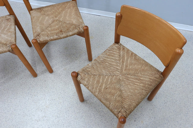 Vintage wooden dining chairs with straw seat 1970s
