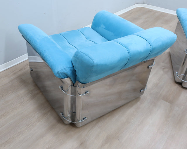 Larissa armchairs by Vittorio Introini for Saporiti in chrome & sky blue. Poltrone design anni 70, 70er Sessel, fauteuils vintage space age.