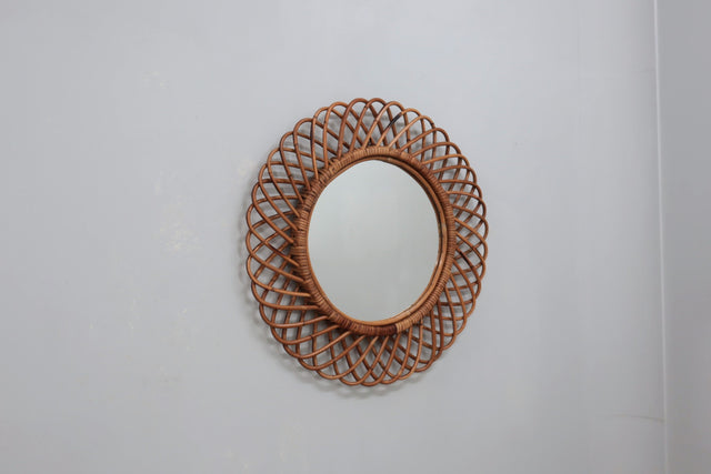 Mid-Century rattan round wall mirror, Italy 1960s