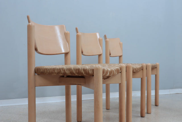 Vintage rustic dining chairs with straw seat 1970s