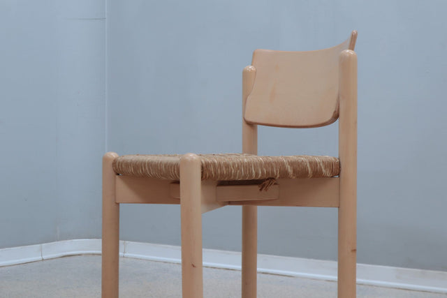 Vintage rustic dining chairs with straw seat 1970s