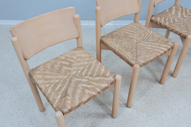 Vintage rustic dining chairs with straw seat 1970s