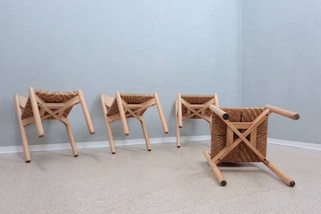 Vintage rustic dining chairs with straw seat 1970s