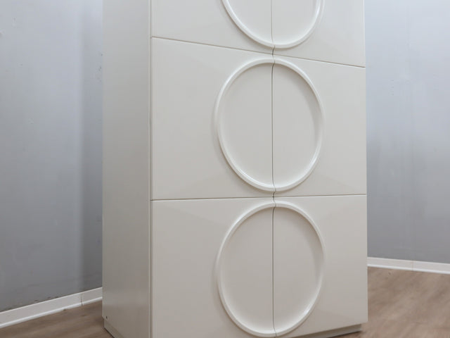 Space Age Wardrobe by F.lli Proserpio Armadio vintage Space Age Kleiderschrank Garde-robe F.lli Proserpio Carved wood circular pattern.