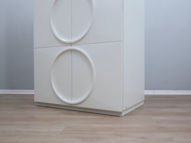 Space Age Wardrobe by F.lli Proserpio Armadio vintage Space Age Kleiderschrank Garde-robe F.lli Proserpio Carved wood circular pattern.