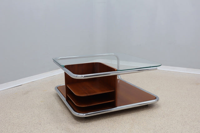 Vintage walnut and glass trolley coffee table 1970s