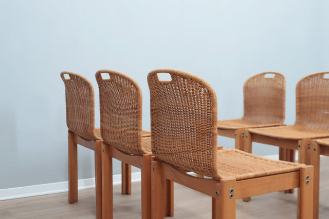 Curved wicker and wood chairs 1970s, set of 6