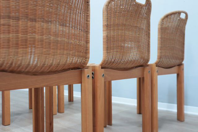 Curved wicker and wood chairs 1970s, set of 6