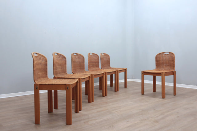 Curved wicker and wood chairs 1970s, set of 6