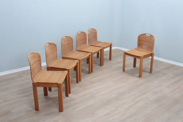 Curved wicker and wood chairs 1970s, set of 6