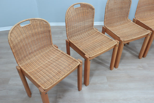 Curved wicker and wood chairs 1970s, set of 6