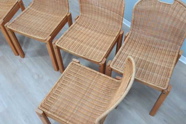 Curved wicker and wood chairs 1970s, set of 6