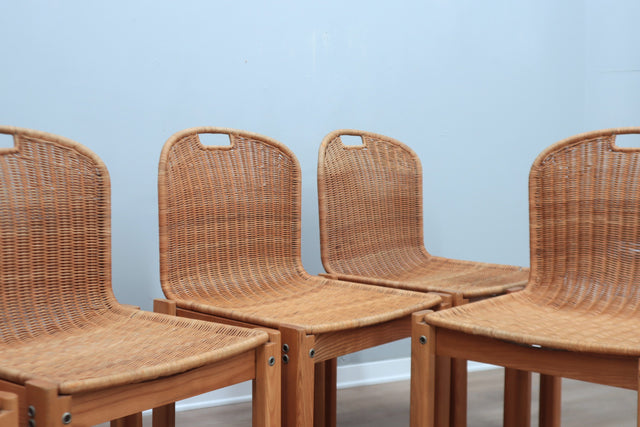 Curved wicker and wood chairs 1970s, set of 6