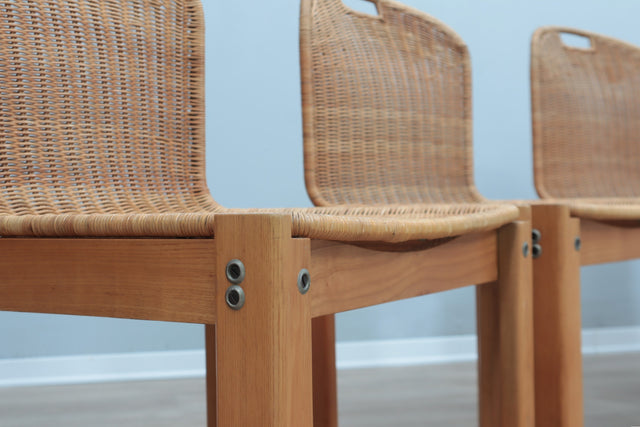 Curved wicker and wood chairs 1970s, set of 6