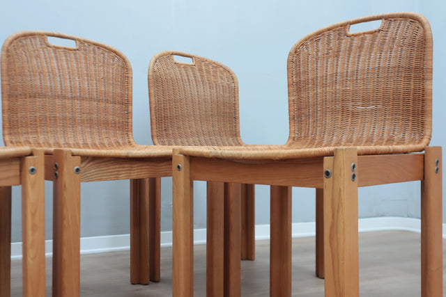 Curved wicker and wood chairs 1970s, set of 6