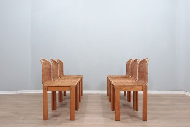 Curved wicker and wood chairs 1970s, set of 6