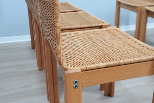 Curved wicker and wood chairs 1970s, set of 6