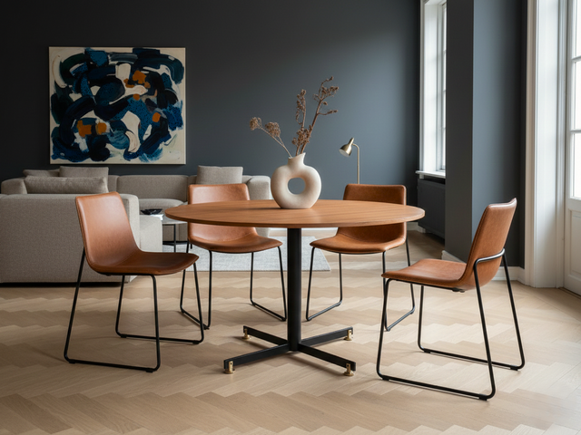 Vittorio Nobili 1950s round dining table: Italian design with teak top, lacquered iron & brass feet. Design italiano anni 50, Mid-Century chic.