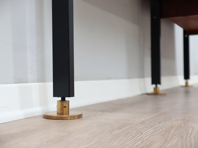 Mid-Century Italian modular wall unit with folding desk 1950s. The modular elements, crafted in teak veneer, include open shelves 