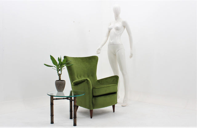 Mid century green velvet armchair 1950s, poltrona velluto verde