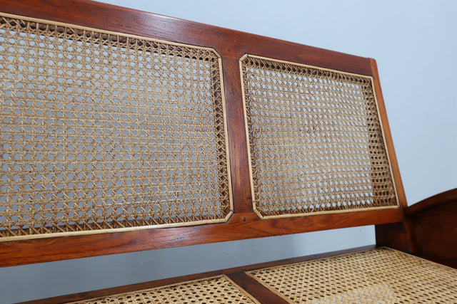 Mid century teak wood and Vienna straw easy sofa + armchair 1950s